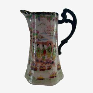 Vintage Mikaju Japanese Porcelain Pitcher Hand Painted Geisha Girls Vase 8”